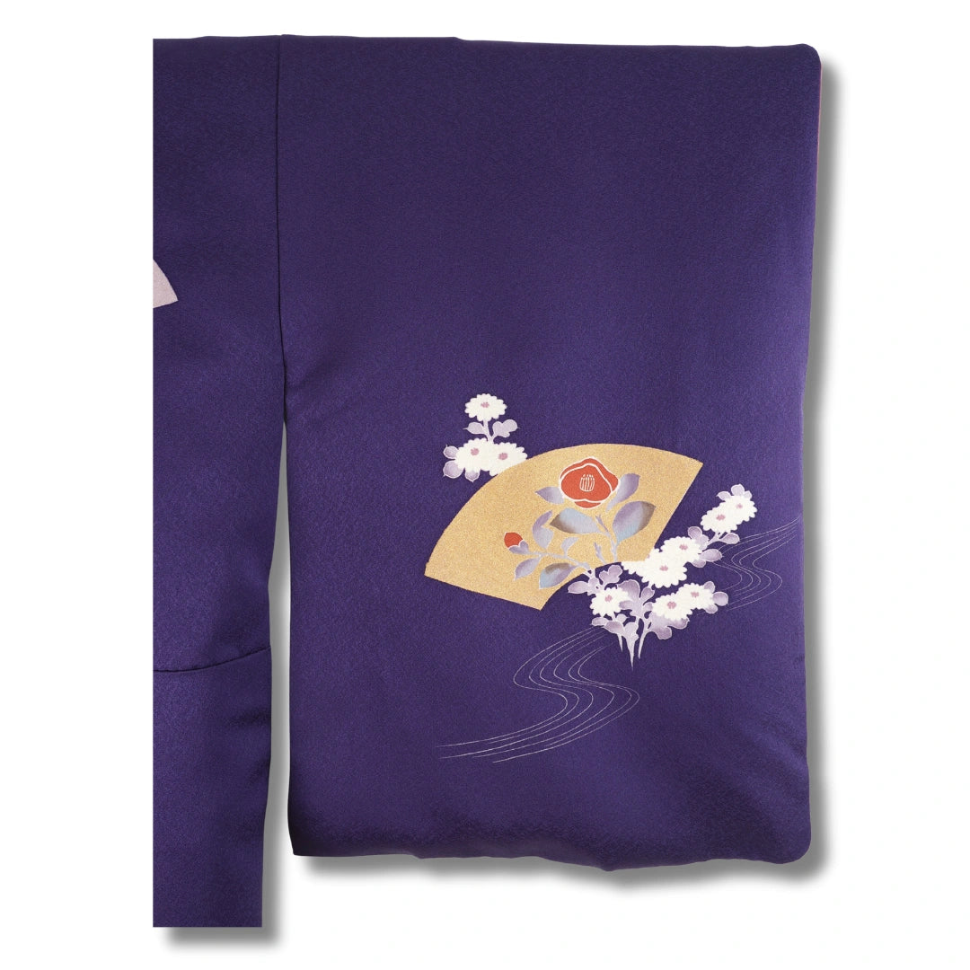 Vintage Damen Homongi Kimono lila mit Fächer & Blumen