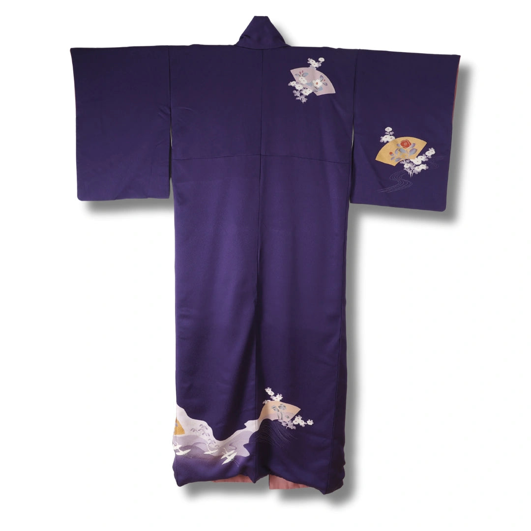 Vintage Damen Homongi Kimono lila mit Fächer & Blumen