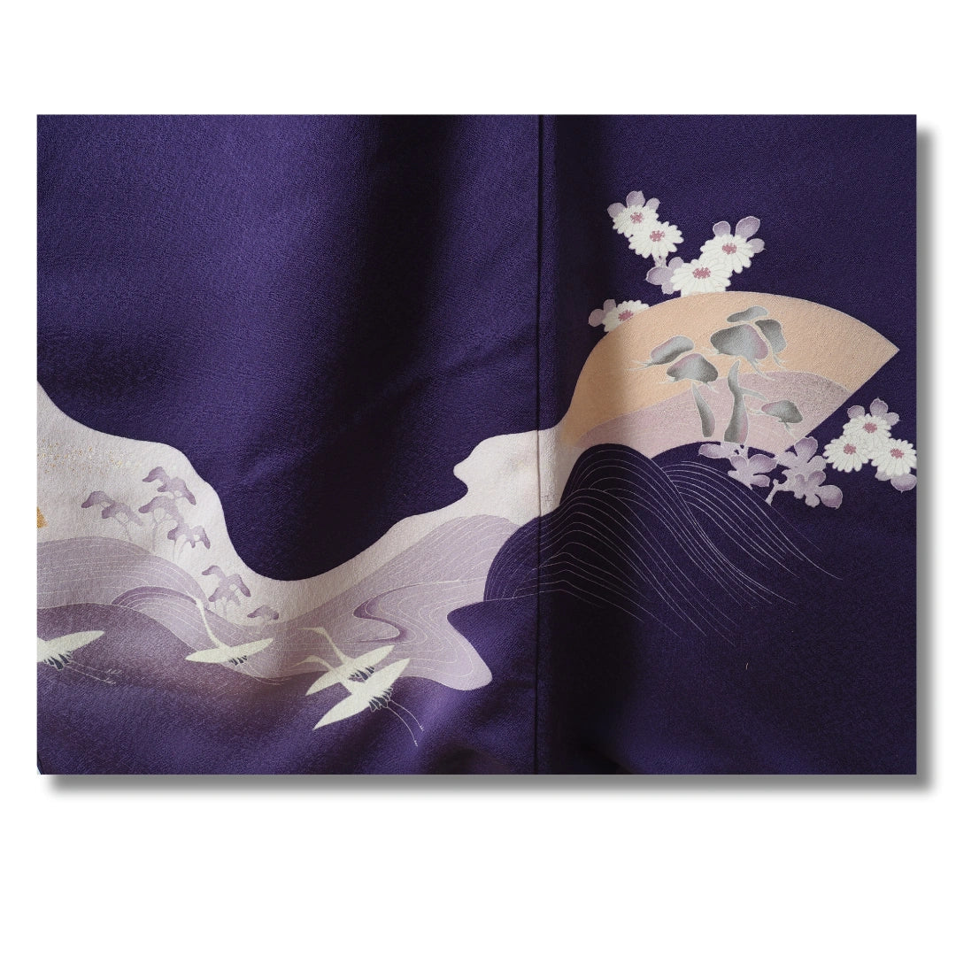 Vintage Damen Homongi Kimono lila mit Fächer & Blumen