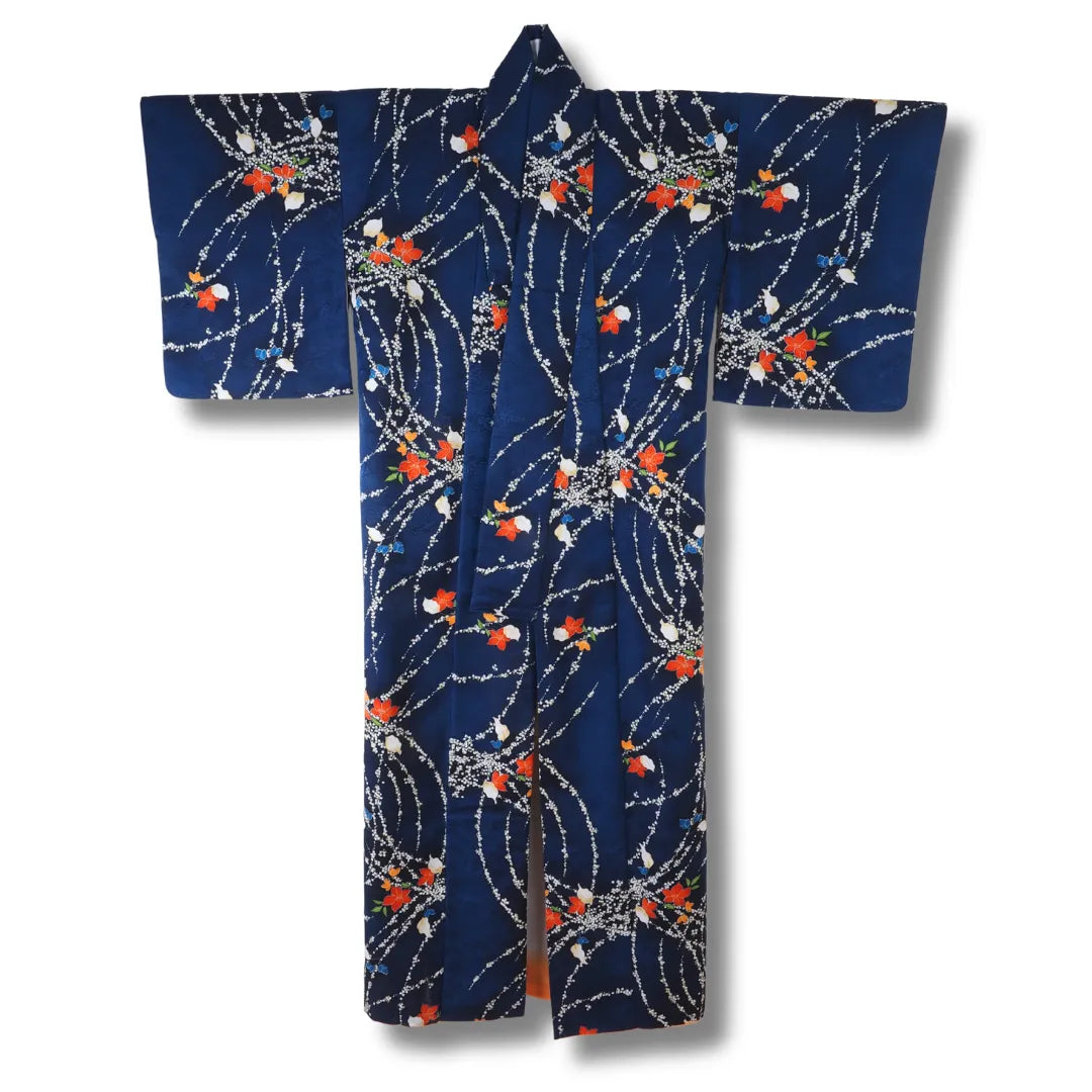 Vintage Komon Kimono marineblau mit Blumenmuster Vorderansicht