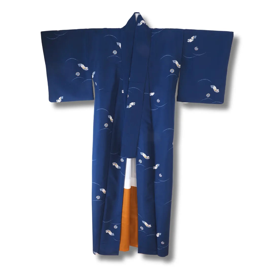 Vintage Komon Kimono marineblau Vorderansicht mit Grasmuster
