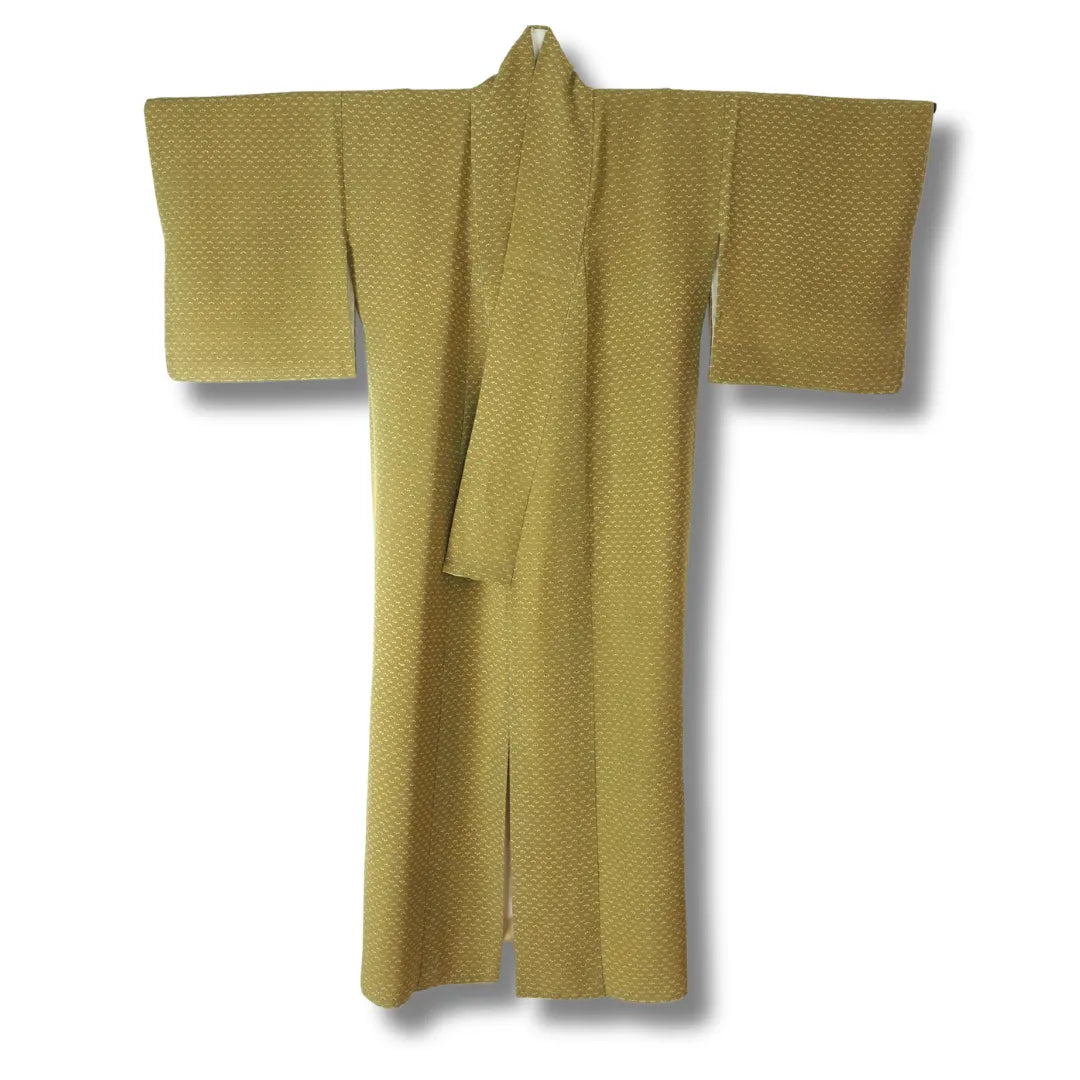 Vintage Komon Kimono in Matcha-Grün mit Fächermuster Vorderansicht