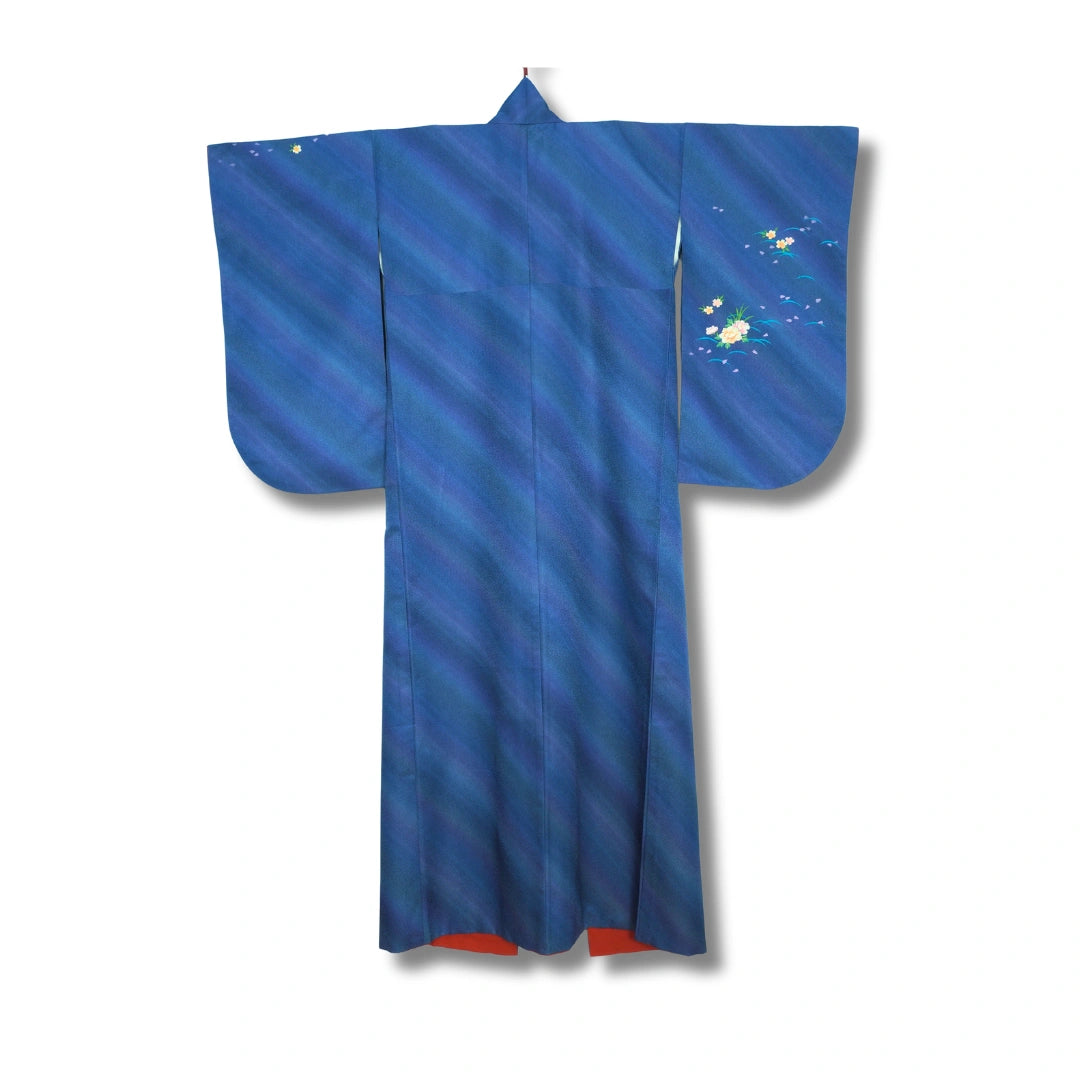Vintage Damen Kimono mit Pfingstrosen und Kirschblüten Blau #farbe_Blau