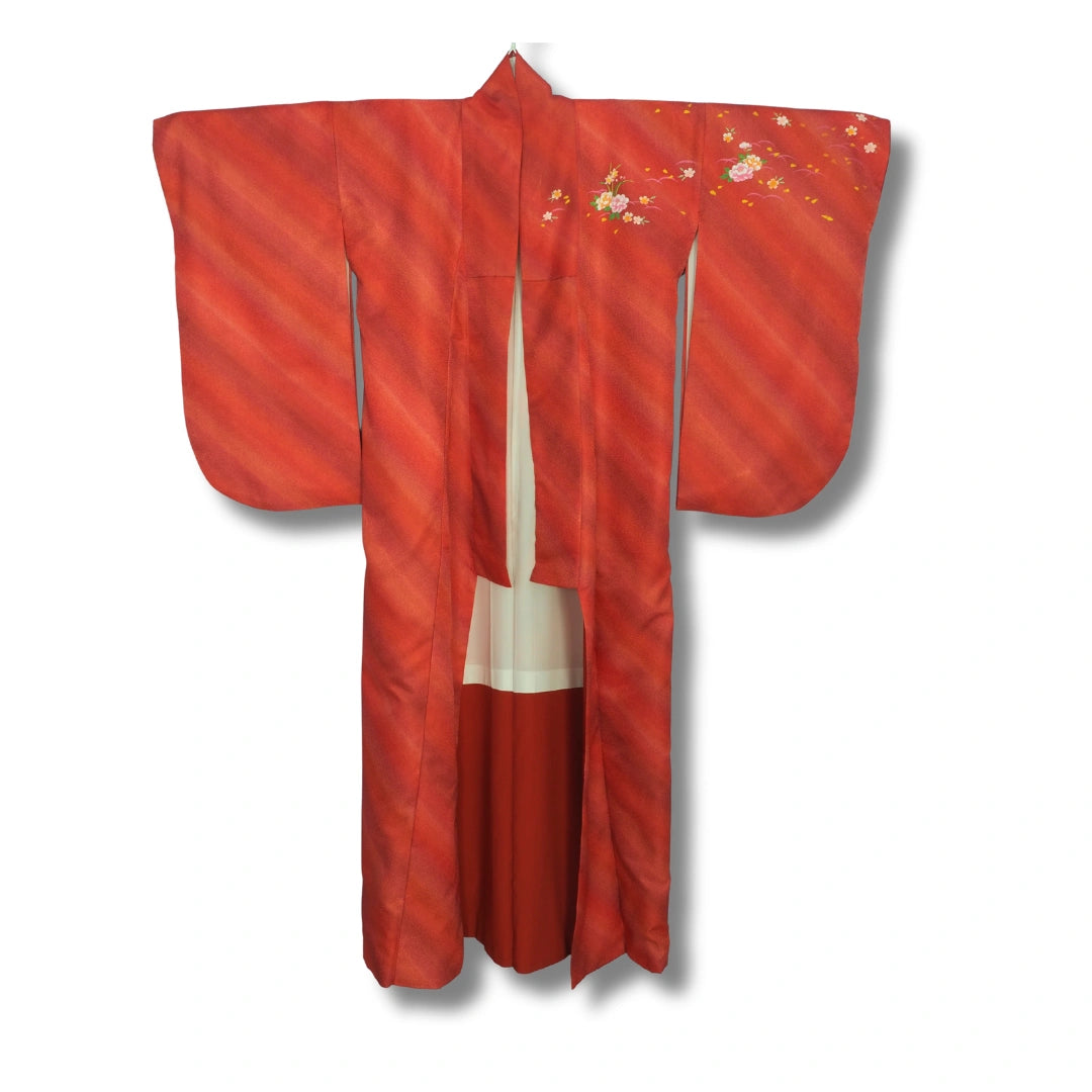 Vintage Damen Kimono mit Pfingstrosen und Kirschblüten Rot #farbe_Rot