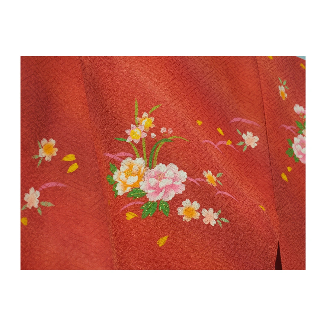 Vintage Damen Kimono mit Pfingstrosen und Kirschblüten Rot #farbe_Rot