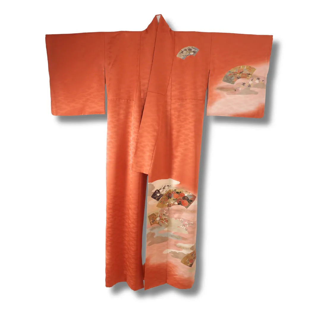 Vintage Homongi Kimono orange mit Blattgoldmuster Vorderansicht