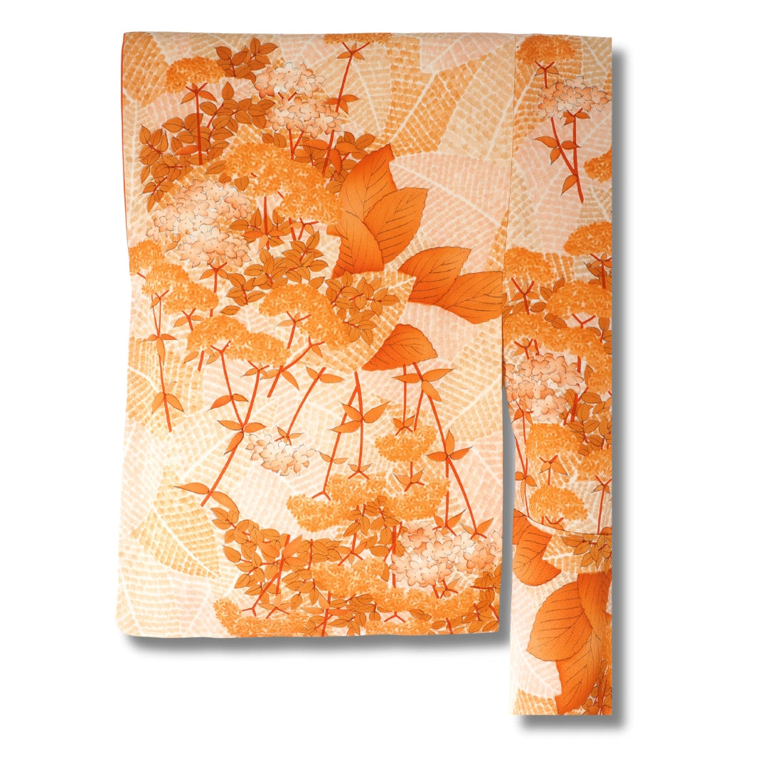 Vintage Damen Komon Kimono in Orange mit Hortensienmuster