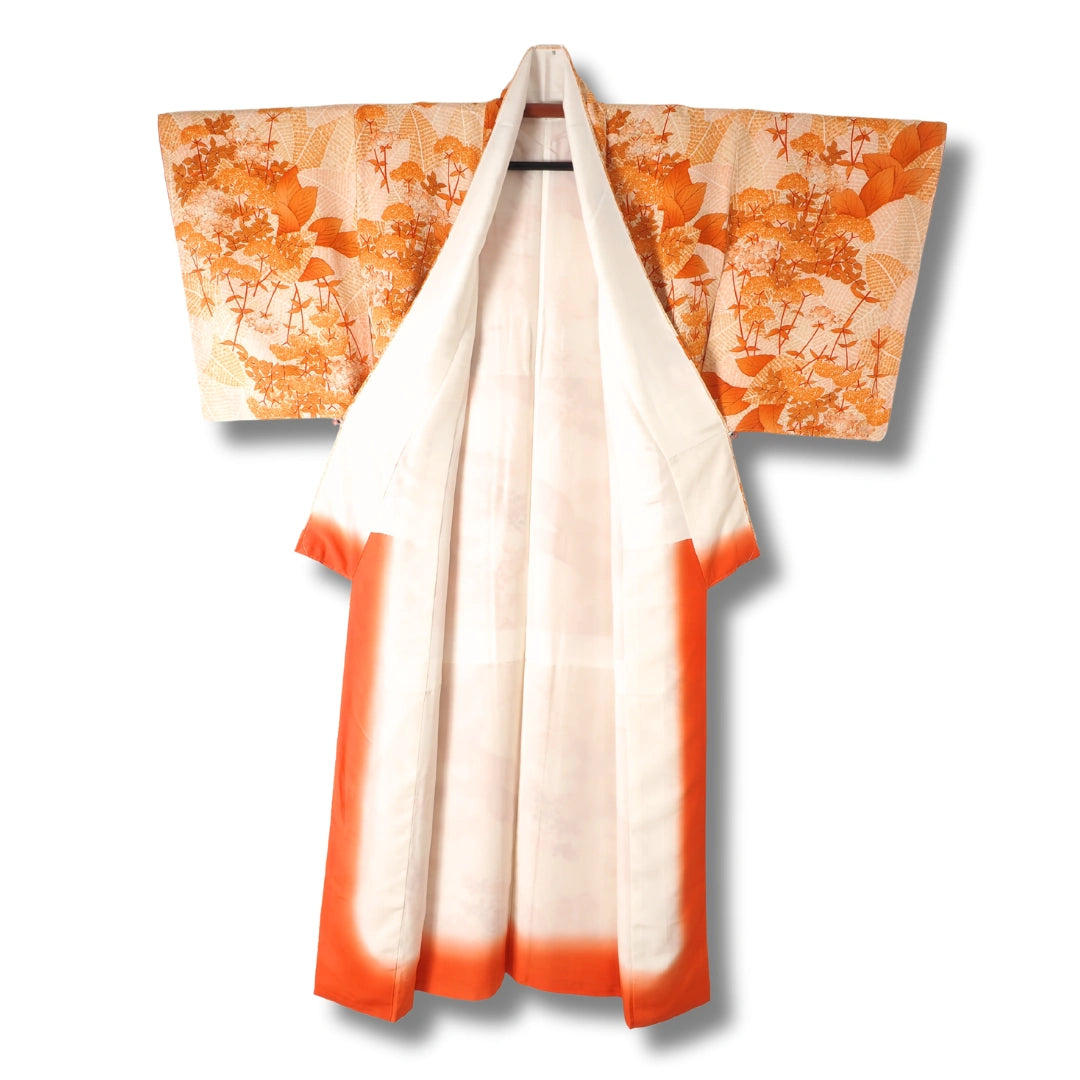 Vintage Damen Komon Kimono in Orange mit Hortensienmuster