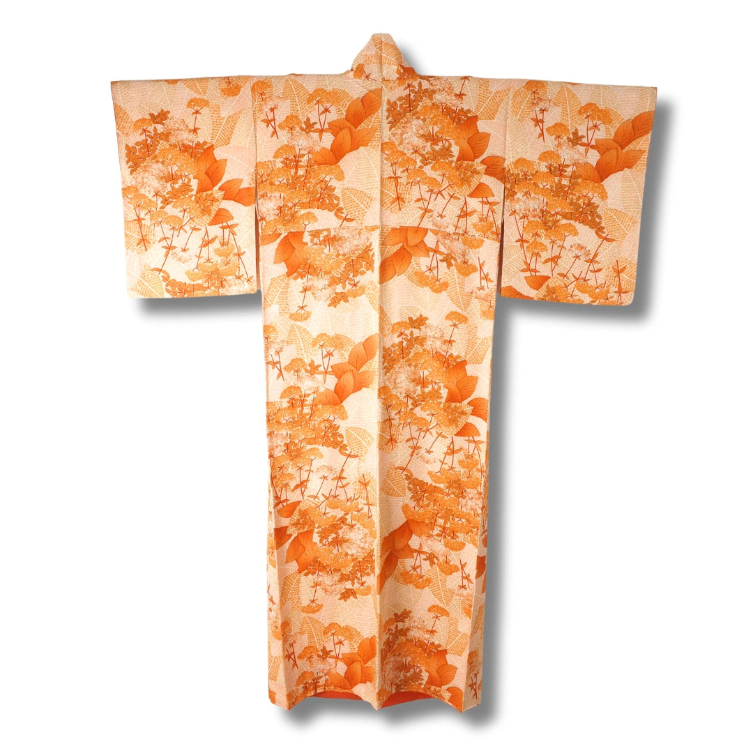 Vintage Damen Komon Kimono in Orange mit Hortensienmuster