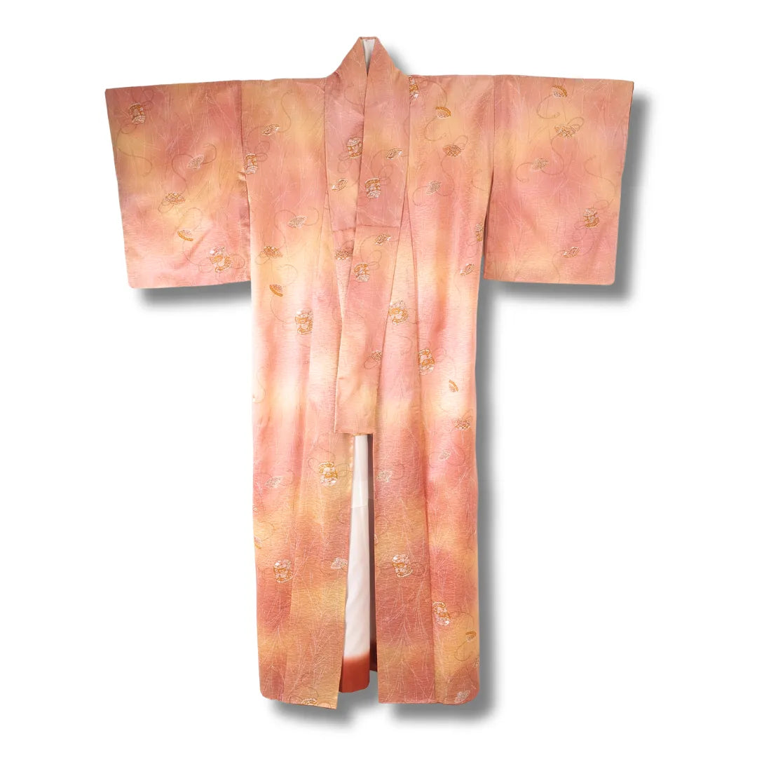 Vintage Komon Kimono pfirsich Vorderansicht mit Muschelmotiv