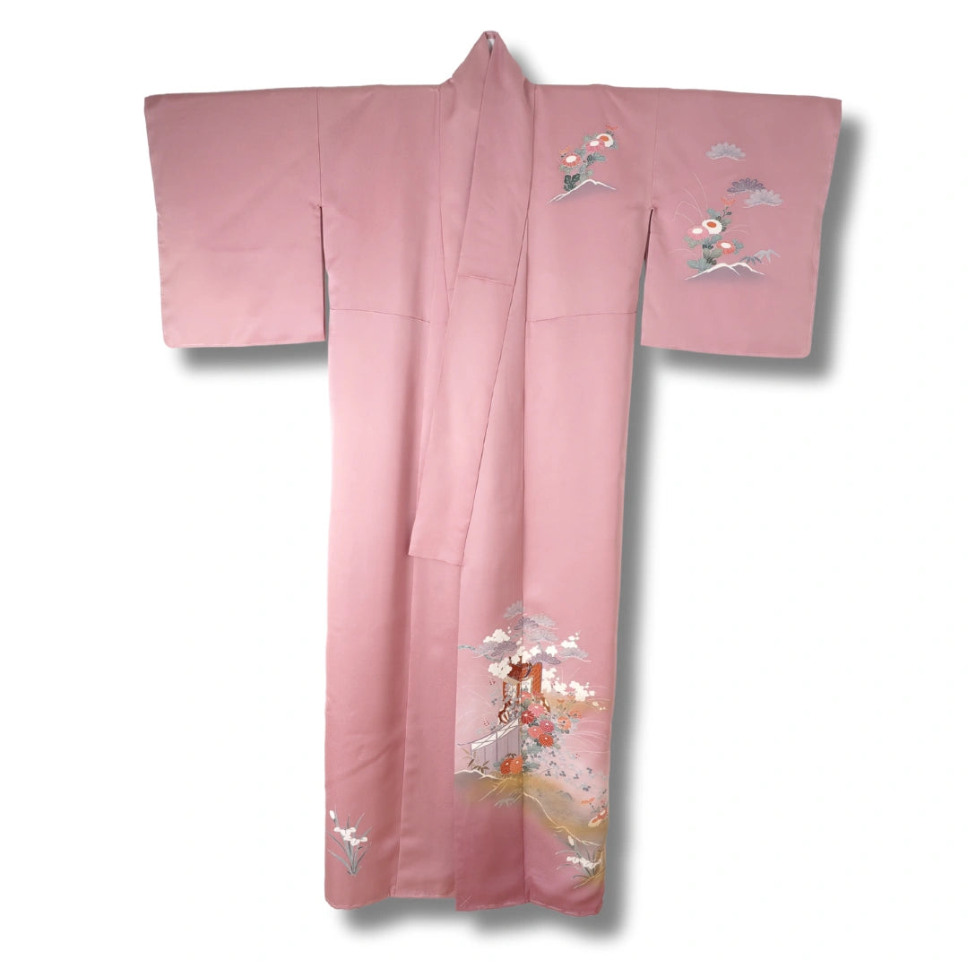 Vintage Damen Houmongi Tsukesage Kimono rosa mit Blumen