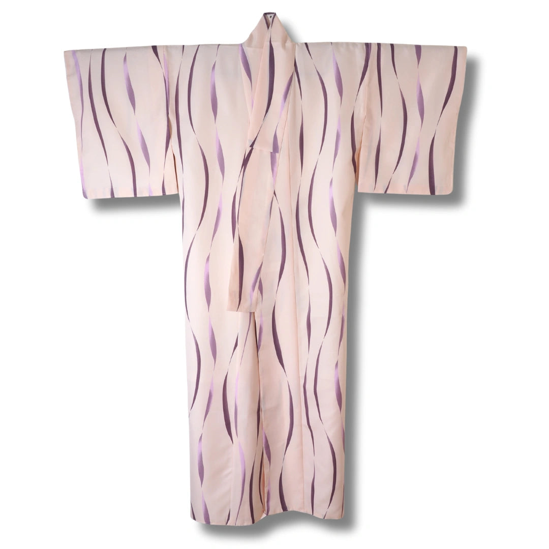 Vintage Damen Komon Kimono in Rosa mit Lila Streifen