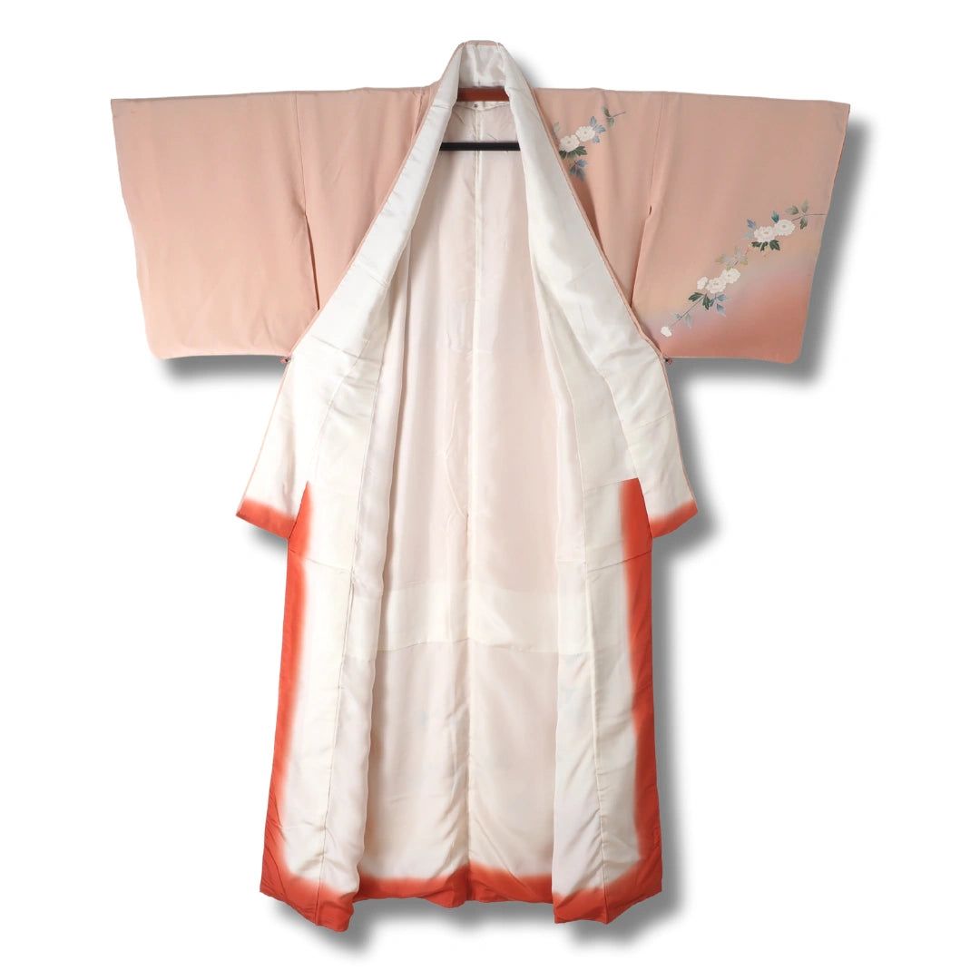 Vintage Houmongi Damen Kimono in Rosa mit weißen Blumen