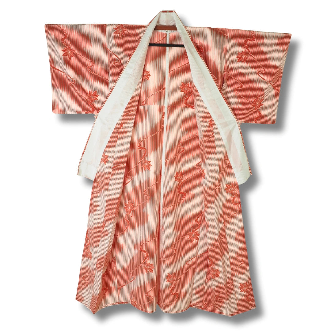 Vintage Damen Komon Kimono rot-weiß gestreift mit Blumen