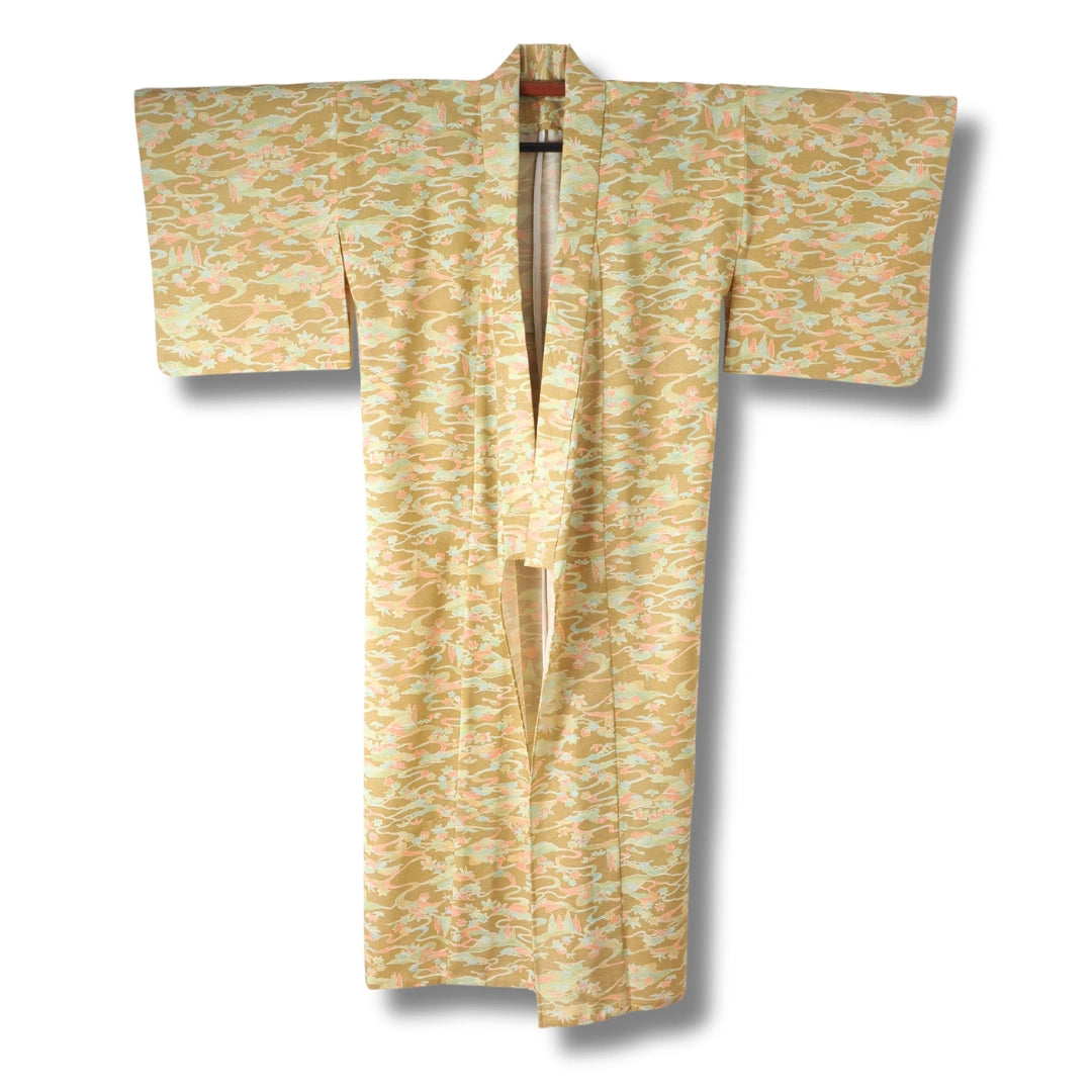 Vintage Damen Komon Kimono sandfarben mit Blumen