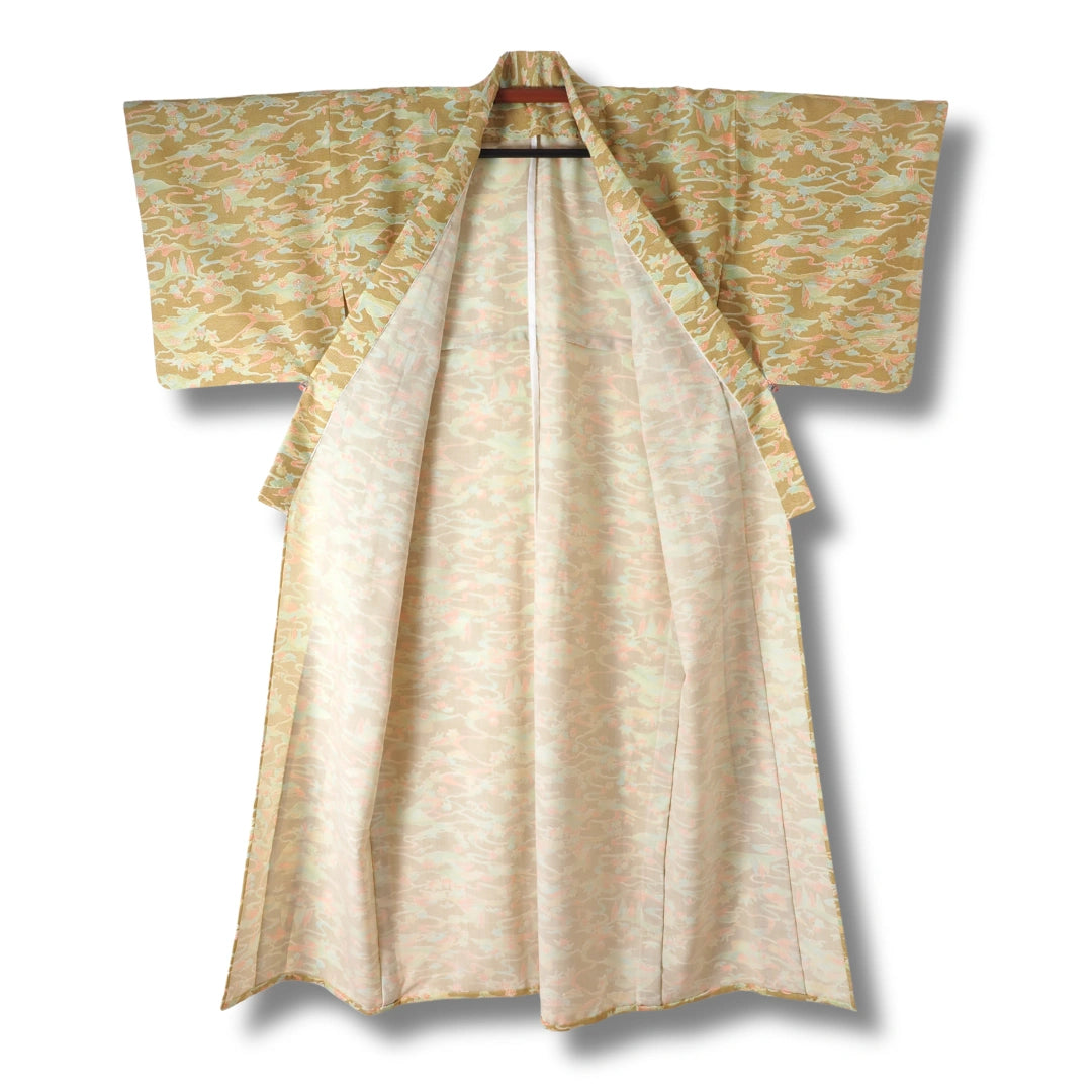 Vintage Damen Komon Kimono sandfarben mit Blumen