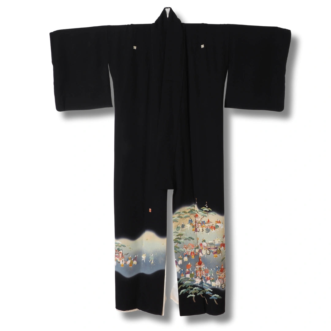 Vintage Damen Kurotomesode Kimono schwarz mit Szenenmotiv