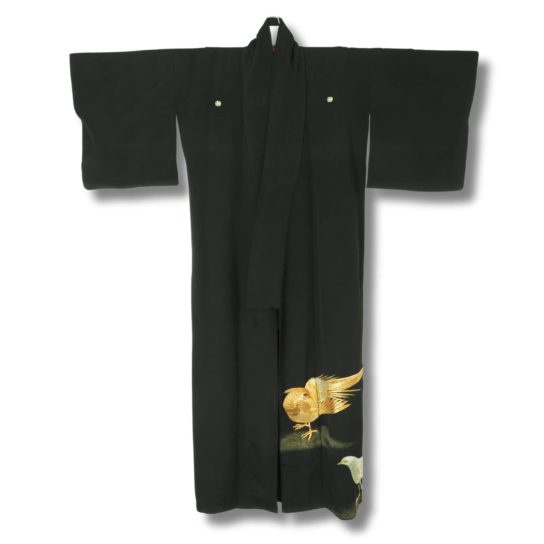 Vintage Kurotomesode Damen Kimono Schwarz mit goldenem Vogel