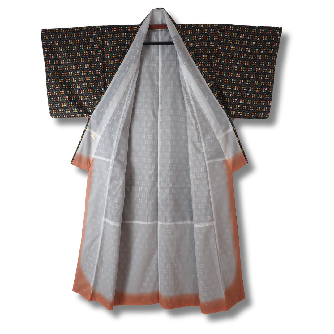 Vintage Komon Damen Kimono in Schwarz mit buntem Muster