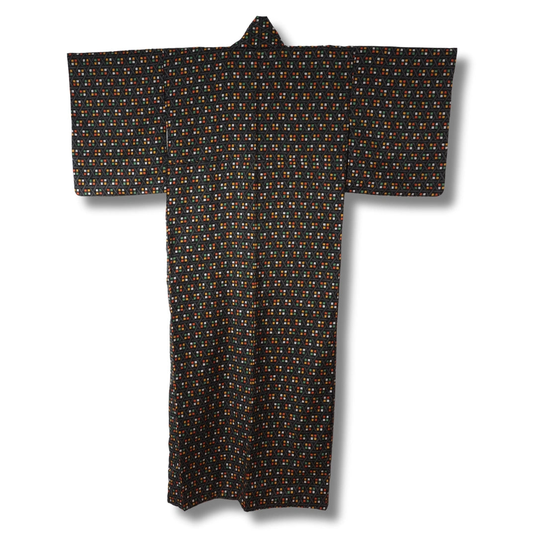 Vintage Komon Damen Kimono in Schwarz mit buntem Muster