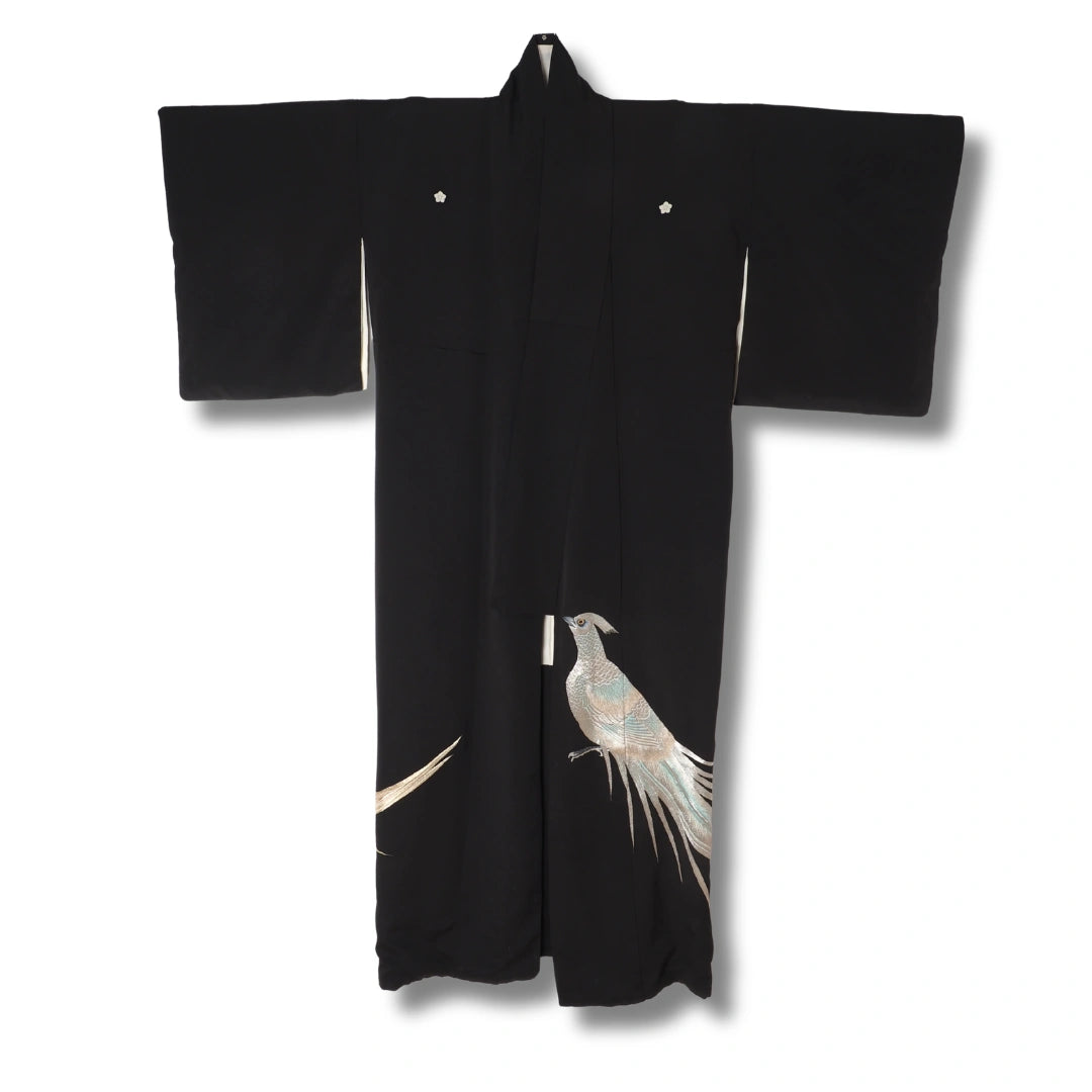 Vintage Kurotomesode Kimono schwarz mit Vogelmotiv