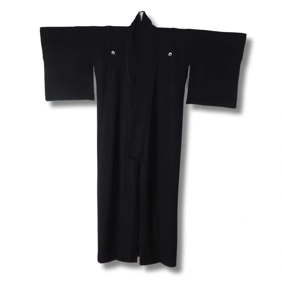 Vintage Mofuku Damen Kimono in Schwarz mit 5 weißen Kamon