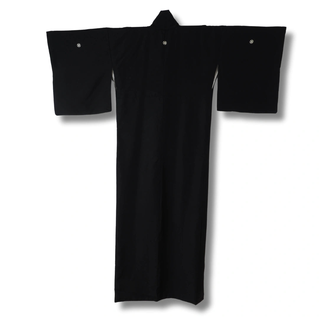 Vintage Mofuku Kimono in Schwarz mit weißem Kamon