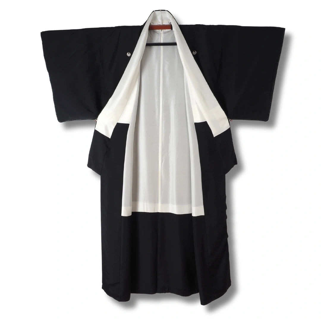 Vintage Damen Mofuku Kimono Schwarz mit weißem Kamon