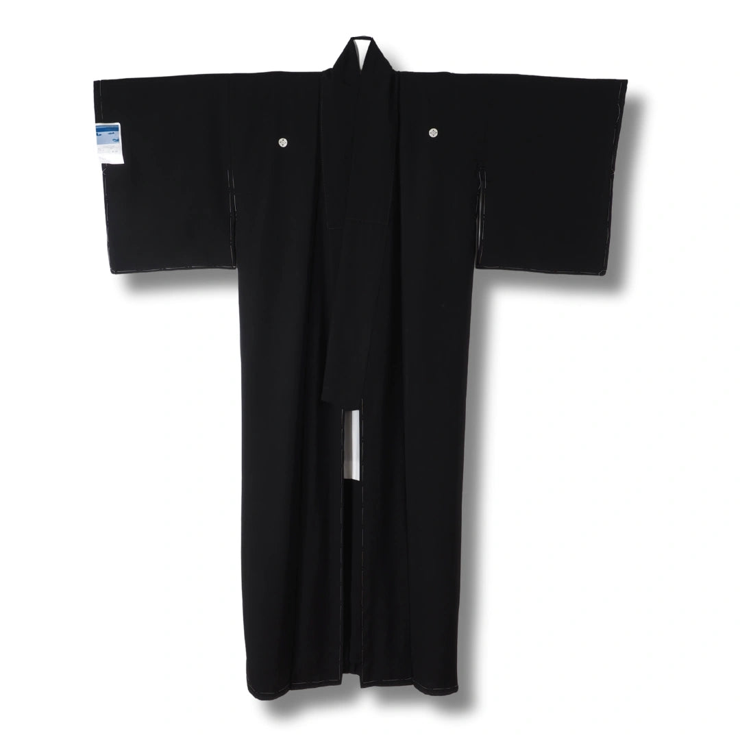 Vintage Mofuku Kimono Damen Schwarz mit rundem weißen Kamon