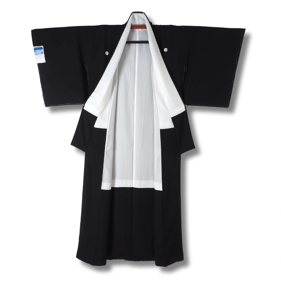 Vintage Mofuku Kimono Damen Schwarz mit rundem weißen Kamon