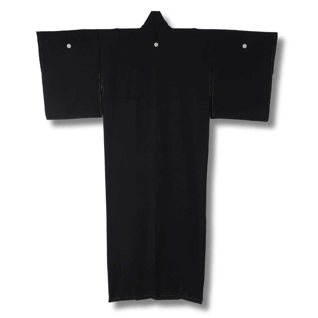 Vintage Mofuku Kimono Damen Schwarz mit rundem weißen Kamon