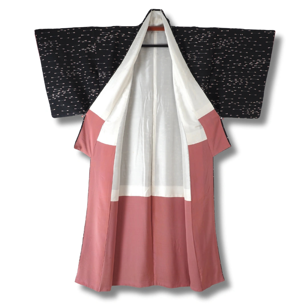 Vintage Damen Komon Kimono schwarz mit weißen & rosa Punkten