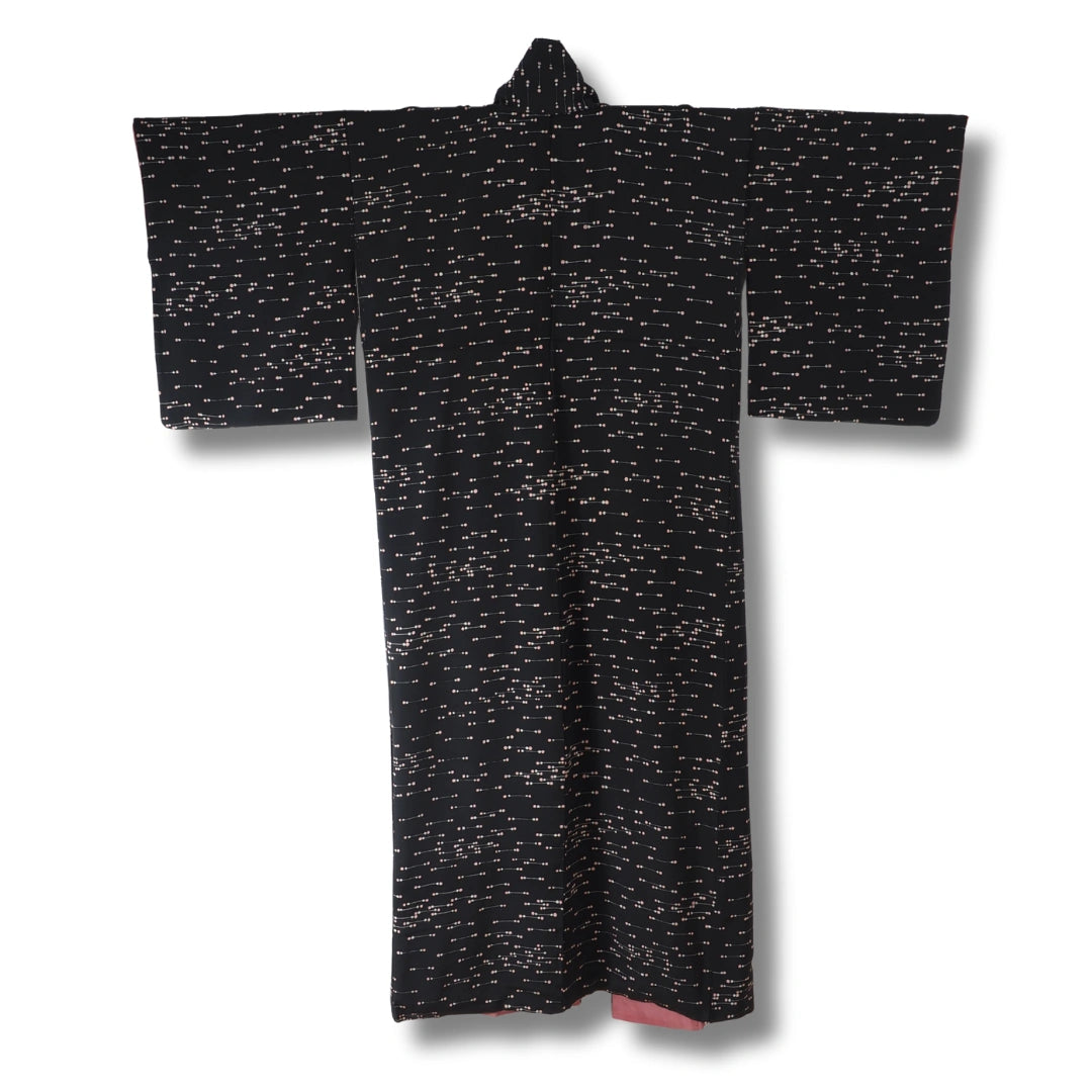 Vintage Damen Komon Kimono schwarz mit weißen & rosa Punkten