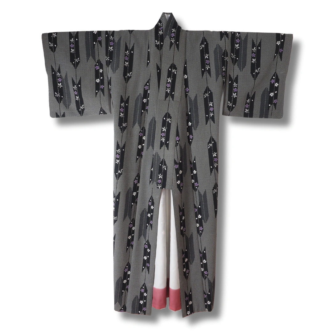 Vintage Damen Komon Kimono Grau | Yagasuri Pfeilmuster