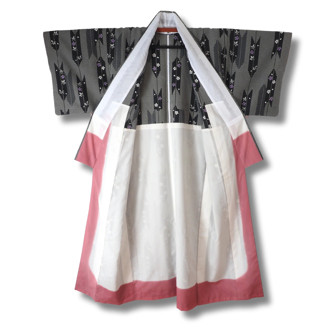 Vintage Damen Komon Kimono Grau | Yagasuri Pfeilmuster
