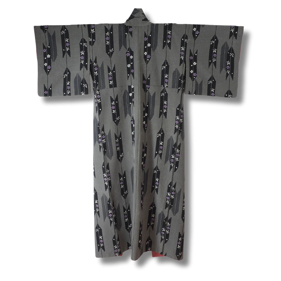 Vintage Damen Komon Kimono Grau | Yagasuri Pfeilmuster