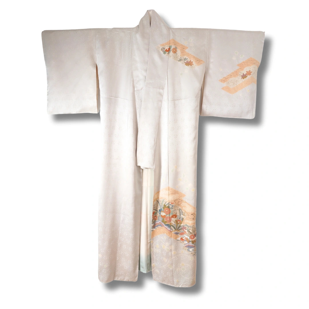 Vintage Damen Houmongi Kimono Weiß-Grau