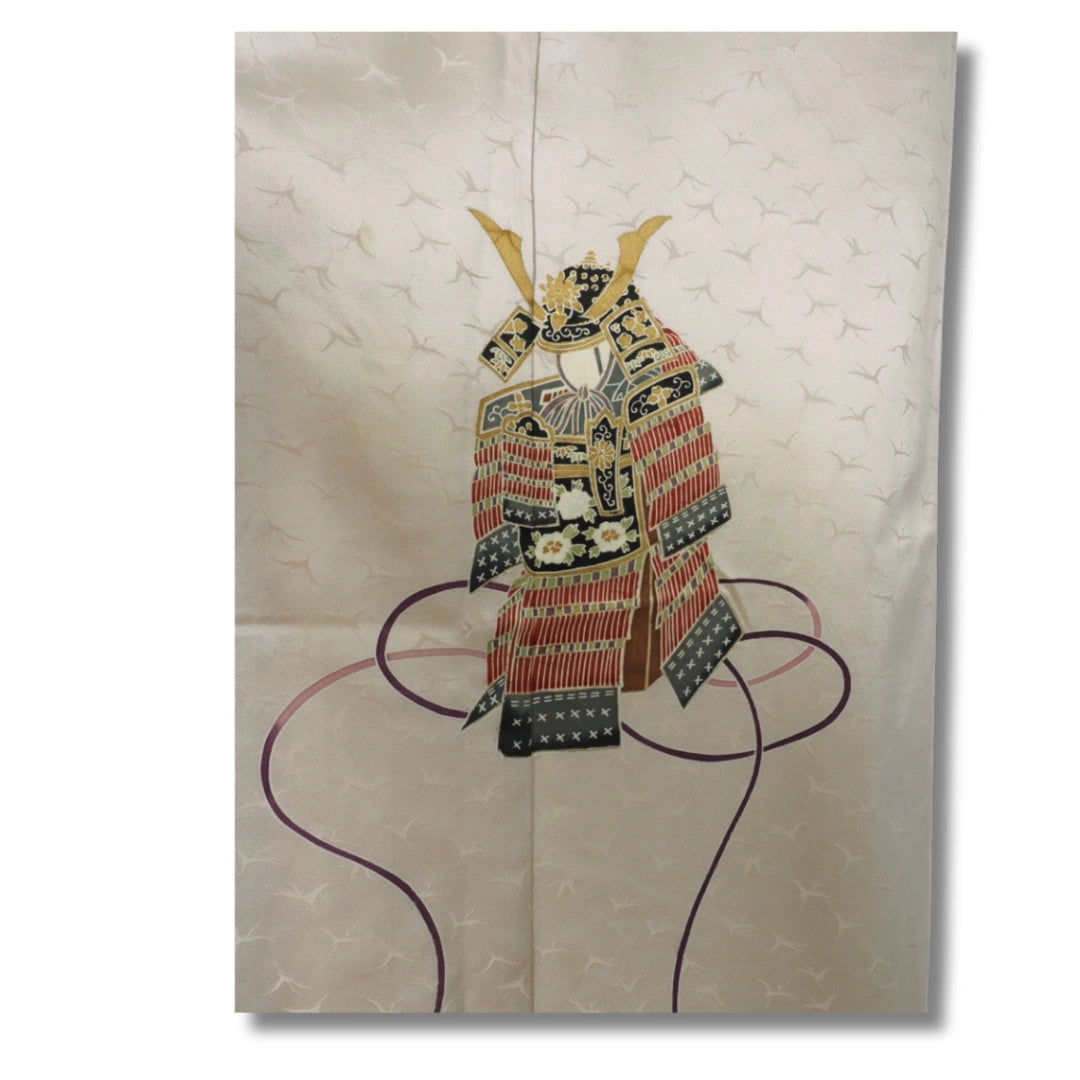 Vintage Tsukesage Kimono – Zartrosa mit Samurai-Rüstung