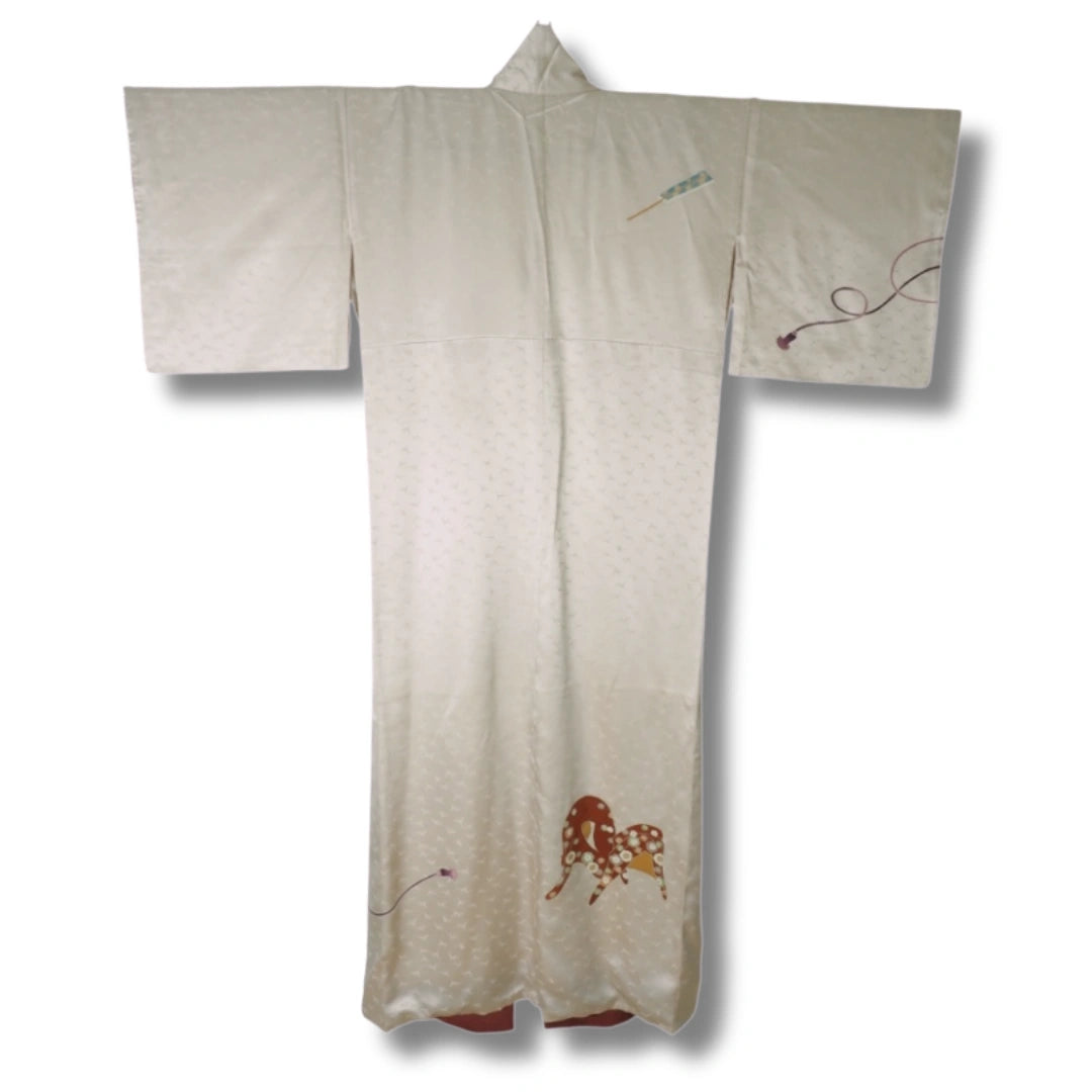 Vintage Tsukesage Kimono – Zartrosa mit Samurai-Rüstung