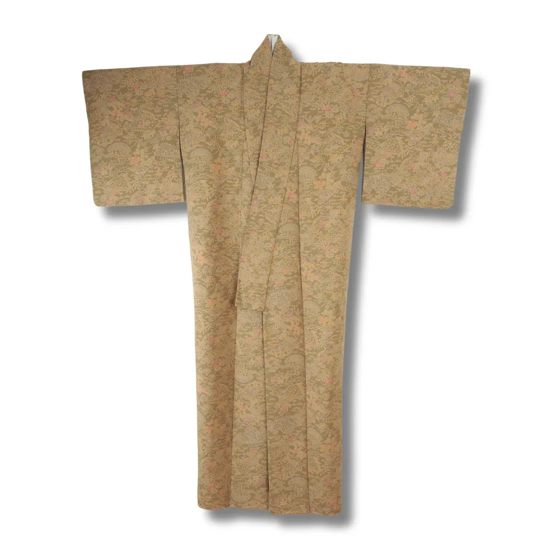 Vintage Damen Komon-Kimono in warmem Khakigrün mit feinem Ton-in-Ton-Blumenmuster, Frontansicht