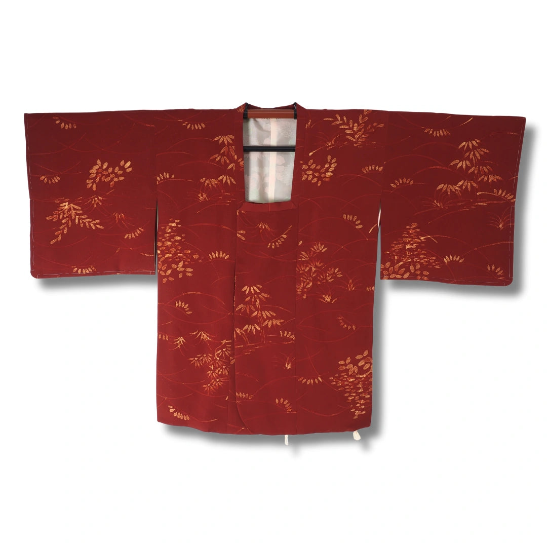 Vintage Damen Michiyuki rostrot – Japanische Jacke mit Pflanzenmotiv