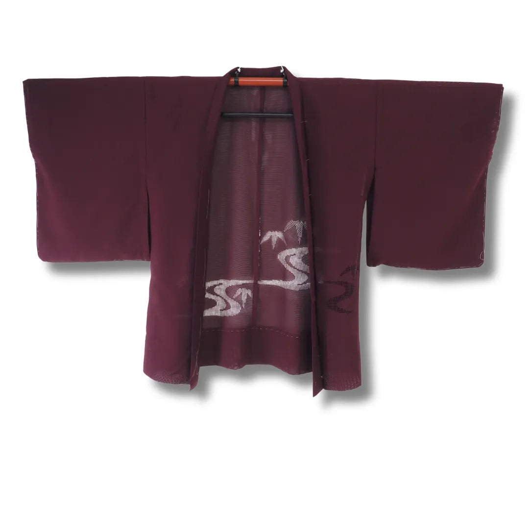 Vintage Damen Sommer-Haori in Aubergine-Lila, geöffnet mit sichtbarem Wasserlinienmuster