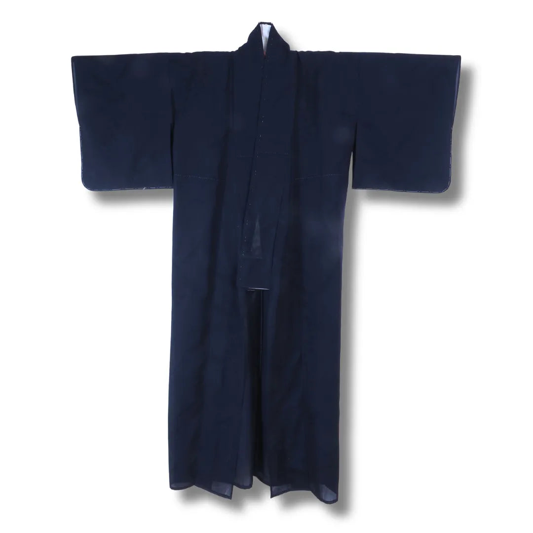 Vintage Damen Sommer-Kimono in Dunkelblau mit eingewebtem Blumenmuster, Frontansicht
