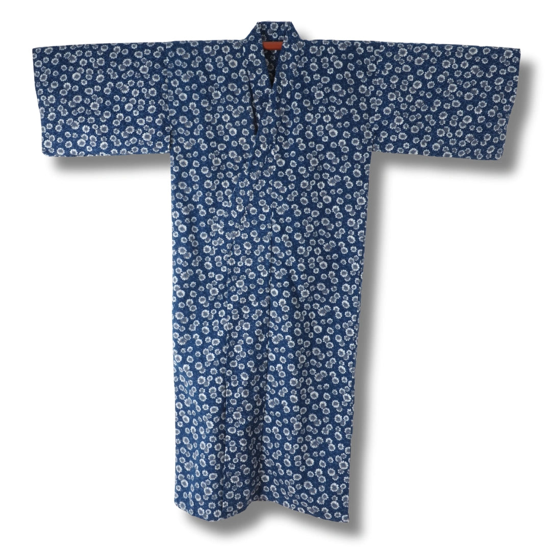 Vintage Damen Yukata Blau-Weiß mit Floralmuster