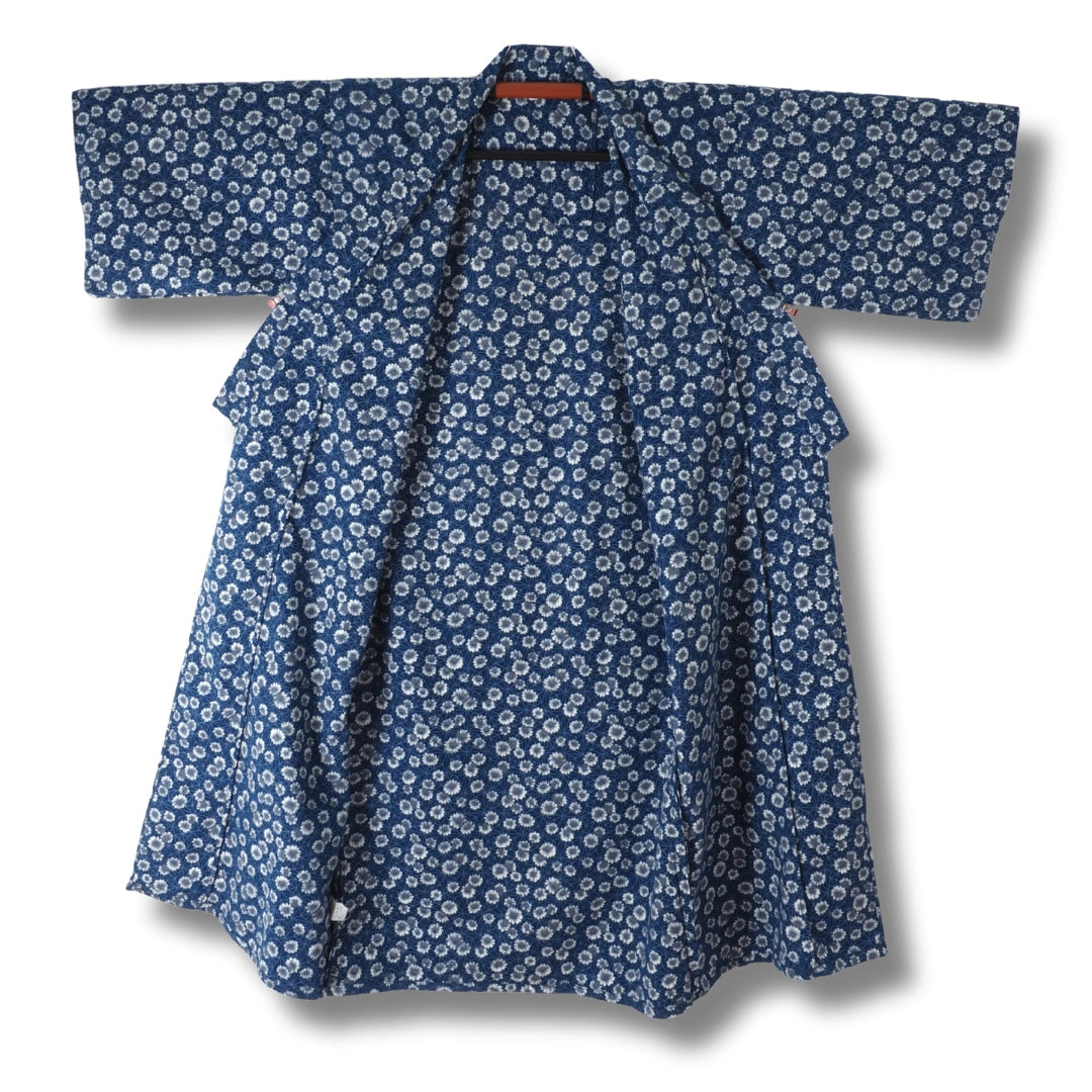 Vintage Damen Yukata Blau-Weiß mit Floralmuster