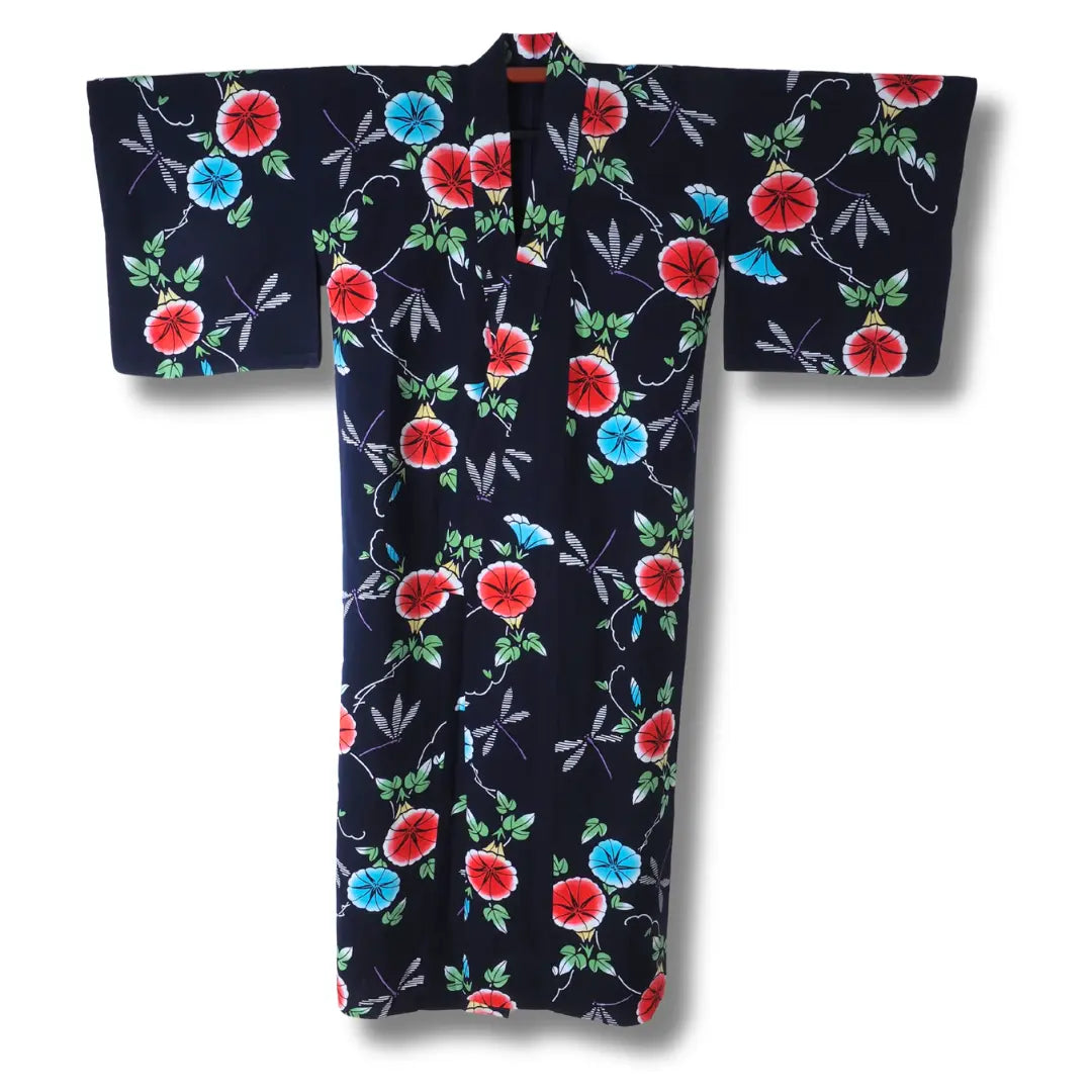 Vintage Yukata Damen dunkelblau mit bunten Blumen