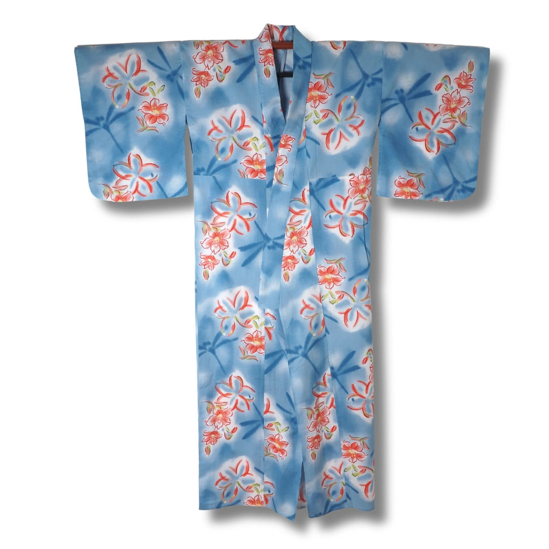 Vintage Yukata hellblau mit roten Blumen
