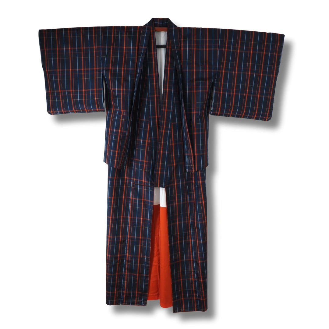 Vintage Damen Ensemble – Kimono & Haori dunkelblau kariert