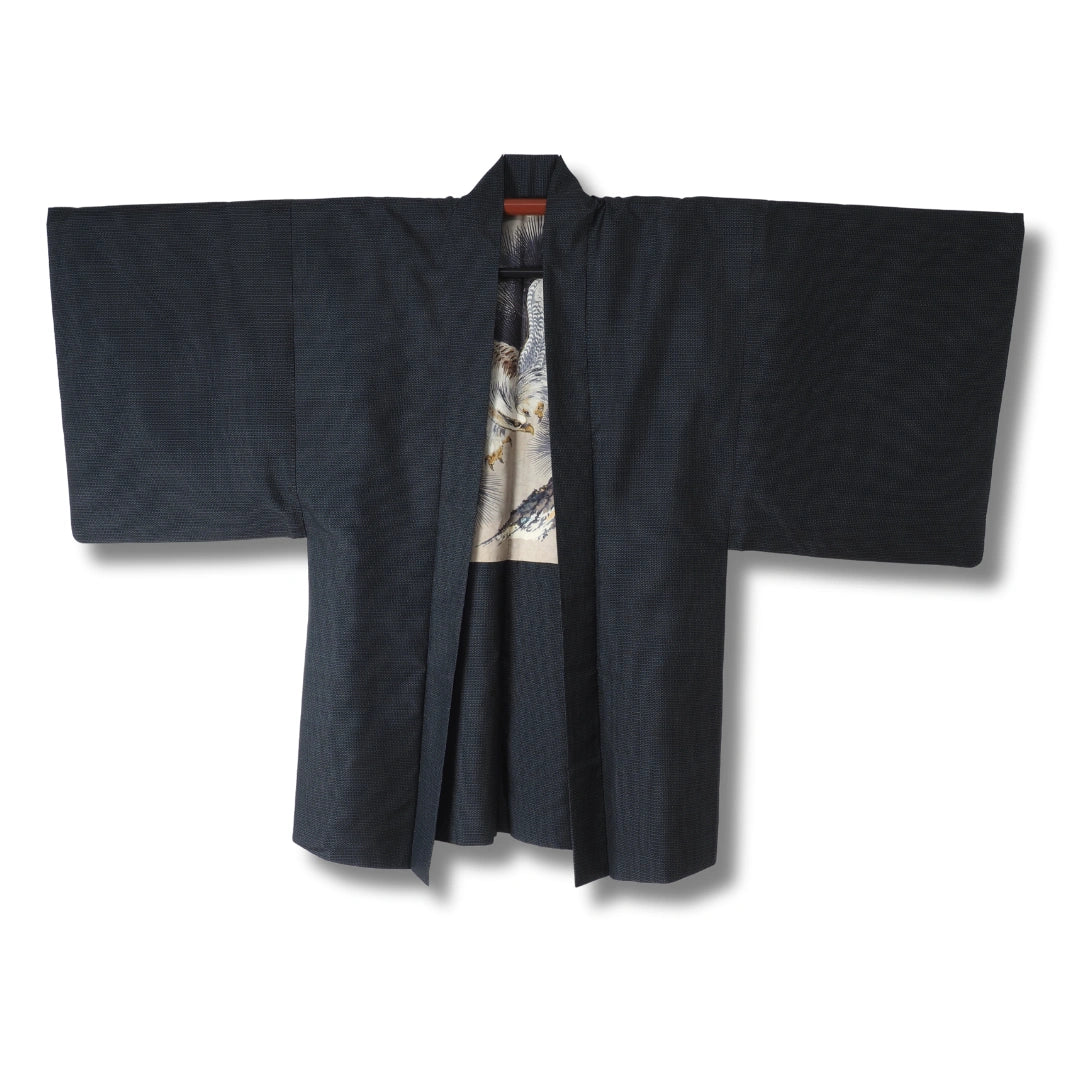 Vintage Herren Ensemble (Kimono & Haori) Dunkelblau mit Greifvogel