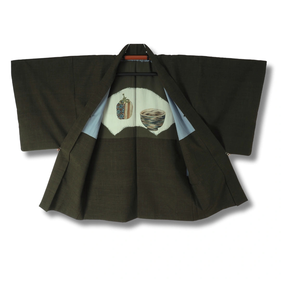 Vintage Herren Kimono & Haori Dunkelbraun mit Teeschalenmotiv